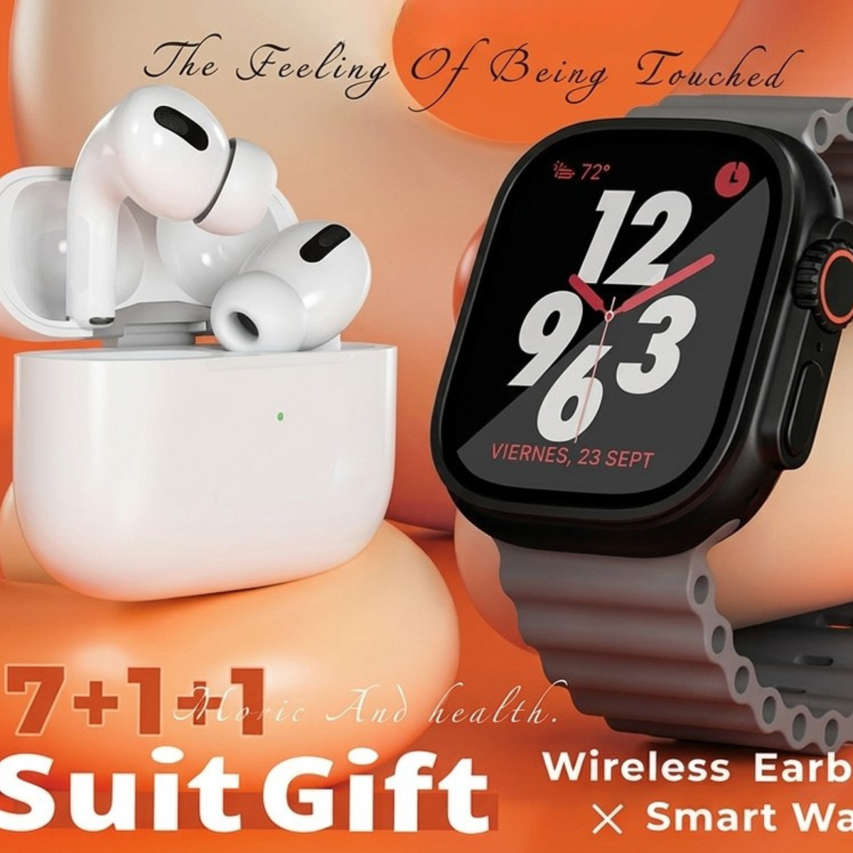 Combo Reloj inteligente y Audífonos + 7 Correas Y Estuche Naranja