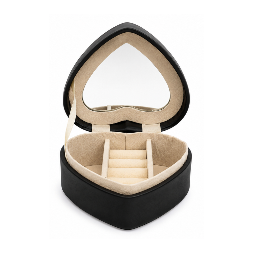 Joyero Portátil en Forma de Corazón con Espejo y Ranuras para Anillos