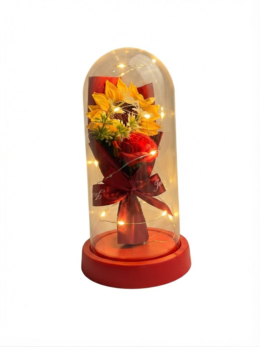Rosa Y Girasol Eterno En Cúpula Con Luces Led