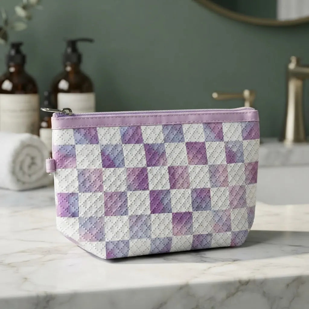 Cosmetiquera Neceser Acolchada De Cuadros Para Viajes Color Violeta