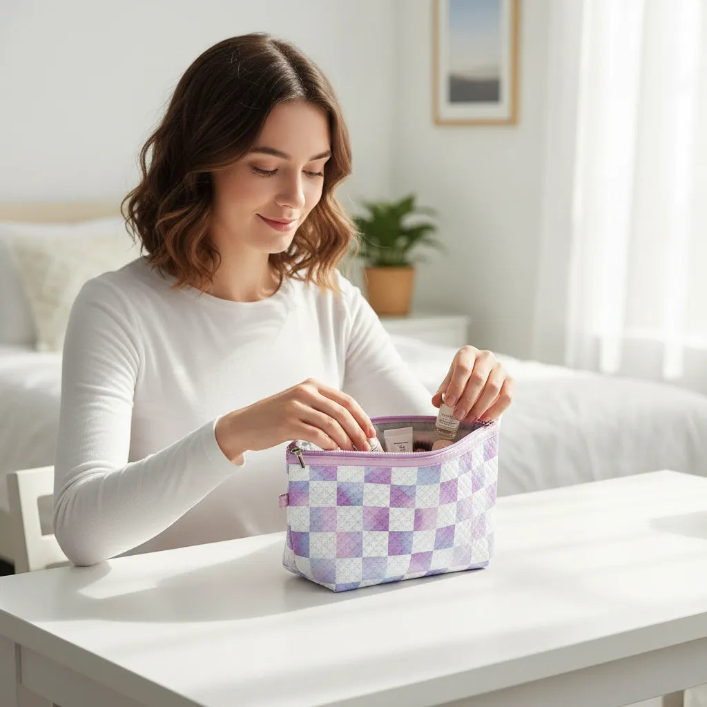 Cosmetiquera Neceser Acolchada De Cuadros Para Viajes Color Violeta