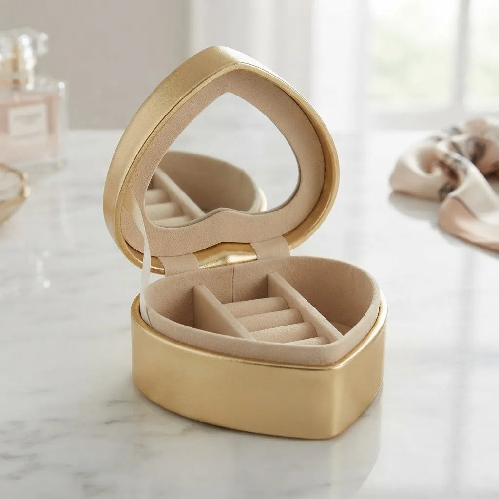 Joyero Portátil en Forma de Corazón con Espejo y Ranuras para Anillos