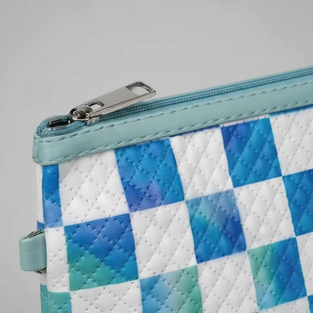 Cosmetiquera Neceser Acolchada De Cuadros Para Viajes Color Celeste