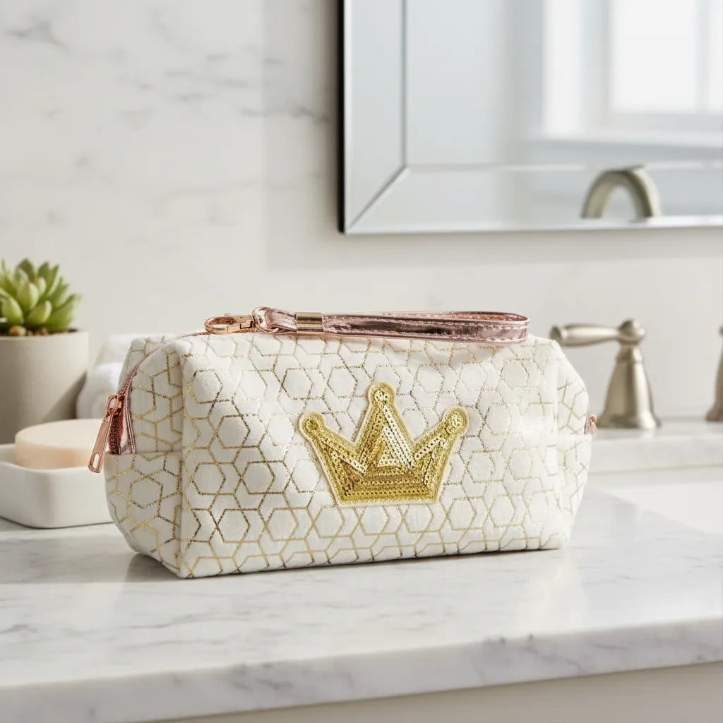 Cosmetiquera Neceser De Terciopelo Elegante Diseño Corona Beige