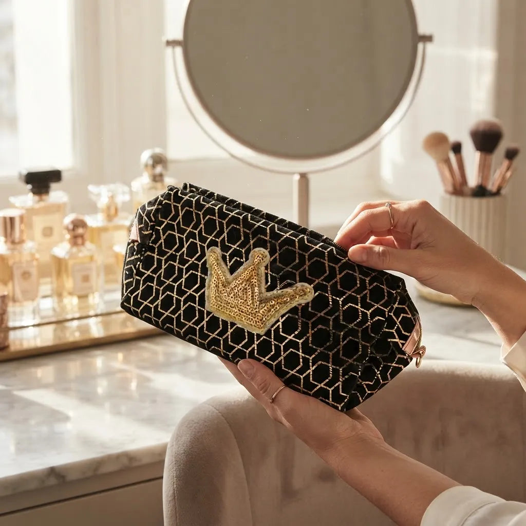 Cosmetiquera Neceser De Terciopelo Elegante Diseño Corona Black/ Gold