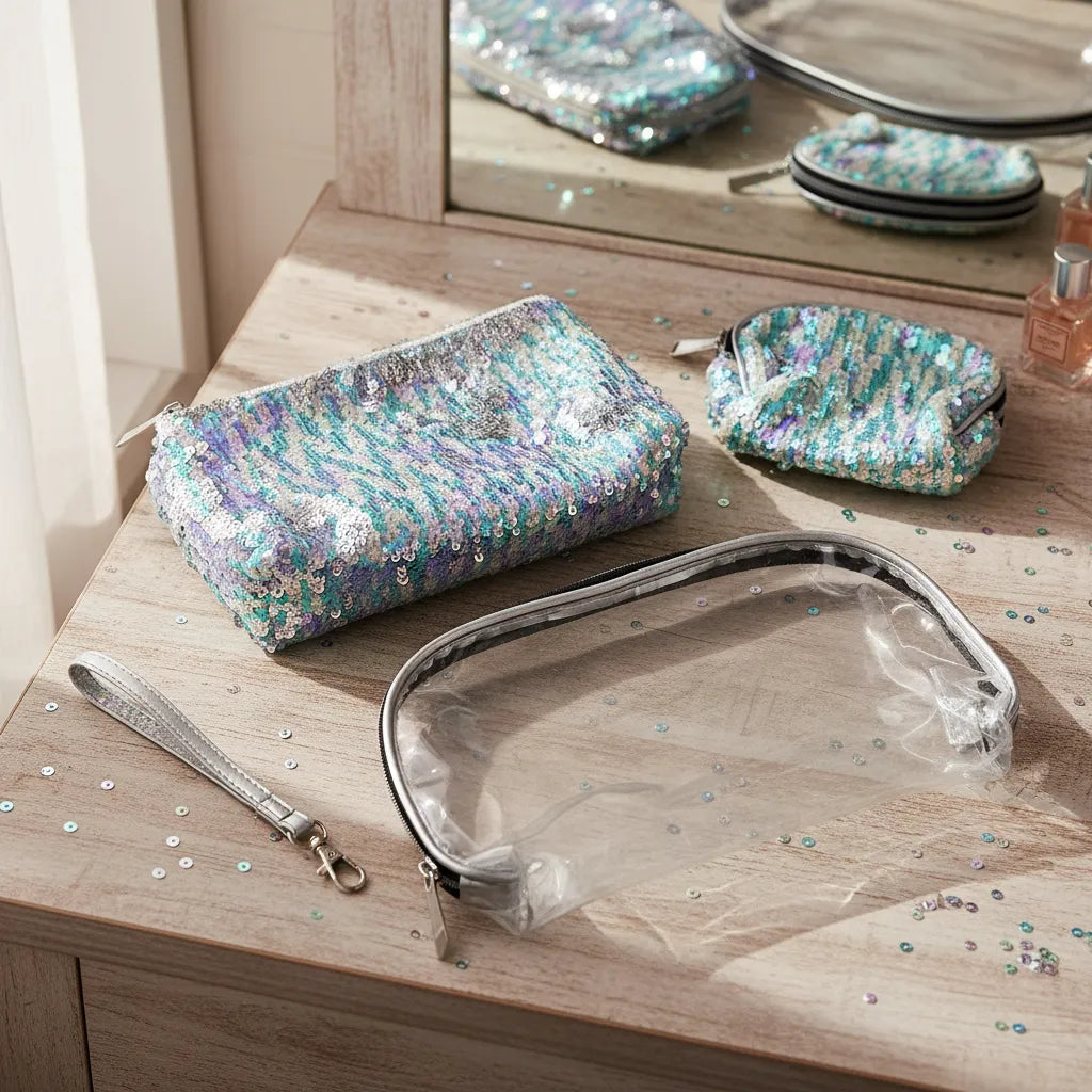 Set de Cosmetiqueras Multiusos con Lentejuelas Reversibles y Estuche Transparante