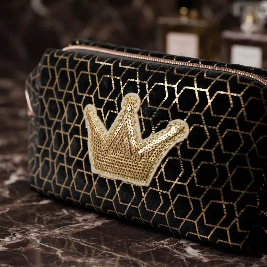 Cosmetiquera Neceser De Terciopelo Elegante Diseño Corona Black/ Gold