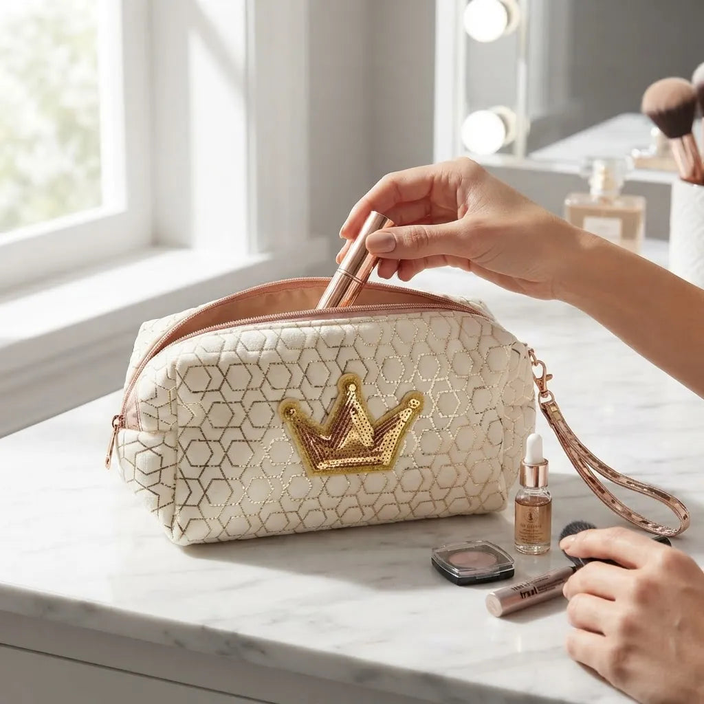 Cosmetiquera Neceser De Terciopelo Elegante Diseño Corona Beige