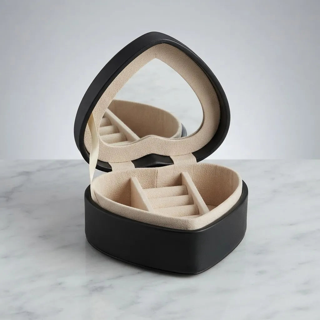 Joyero Portátil en Forma de Corazón con Espejo y Ranuras para Anillos