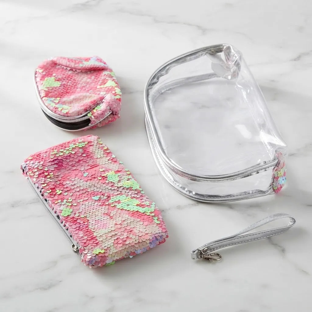 Set de Cosmetiqueras Multiuso con Lentejuelas Reversibles y Estuche Transparente