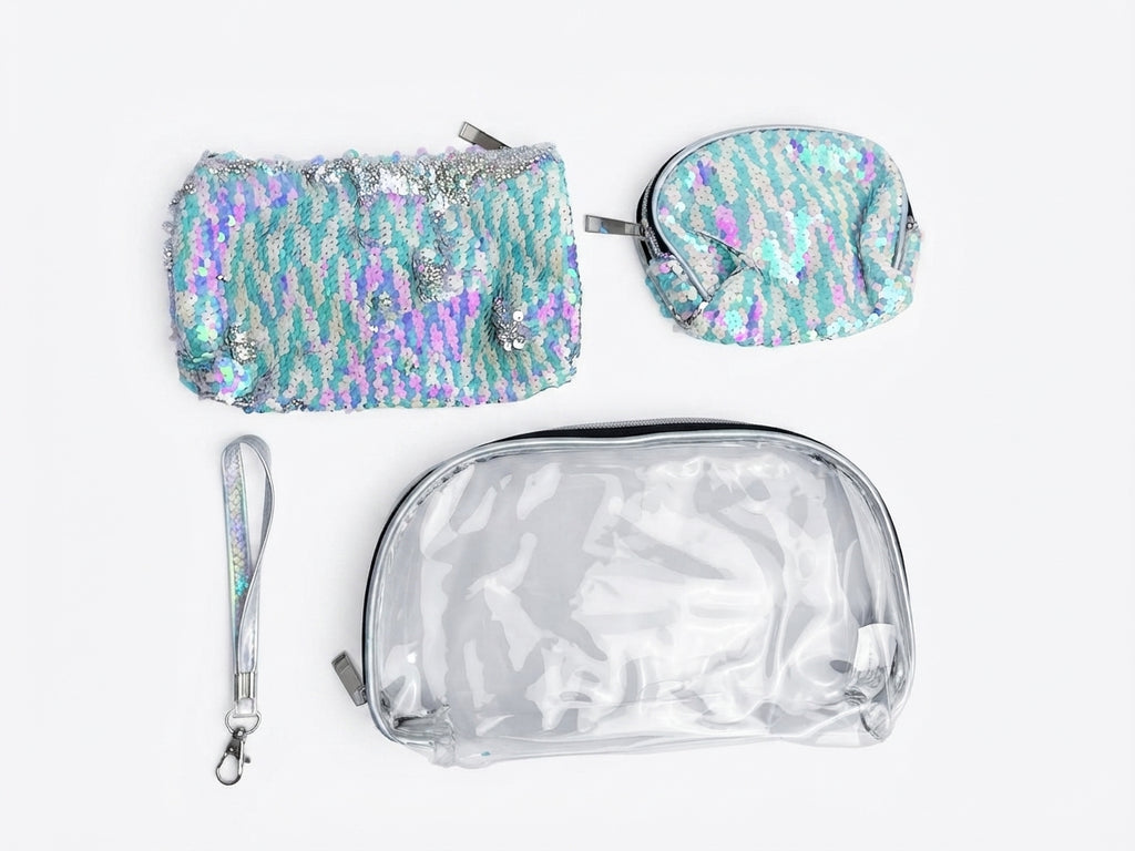 Set de Cosmetiqueras Multiusos con Lentejuelas Reversibles y Estuche Transparante