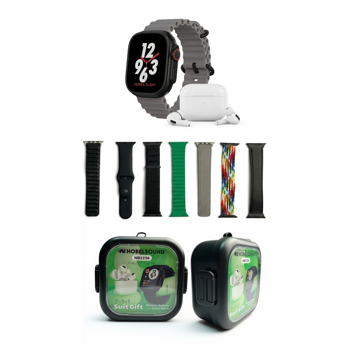 Combo Reloj inteligente y Audífonos + 7 Correas Y Estuche Negro