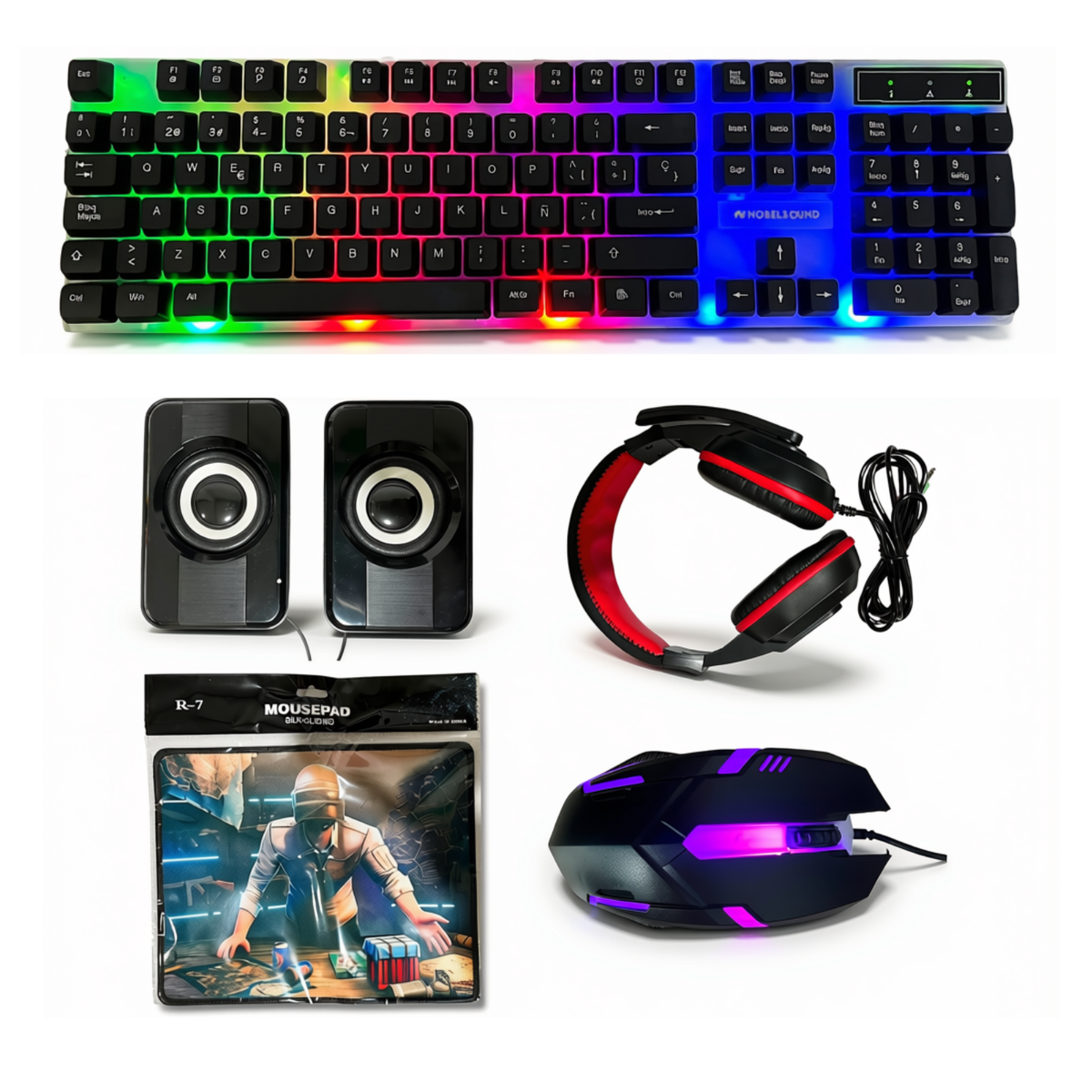 Combo Gamer 5 En 1 Teclado Mouse Audífonos Parlantes Pad