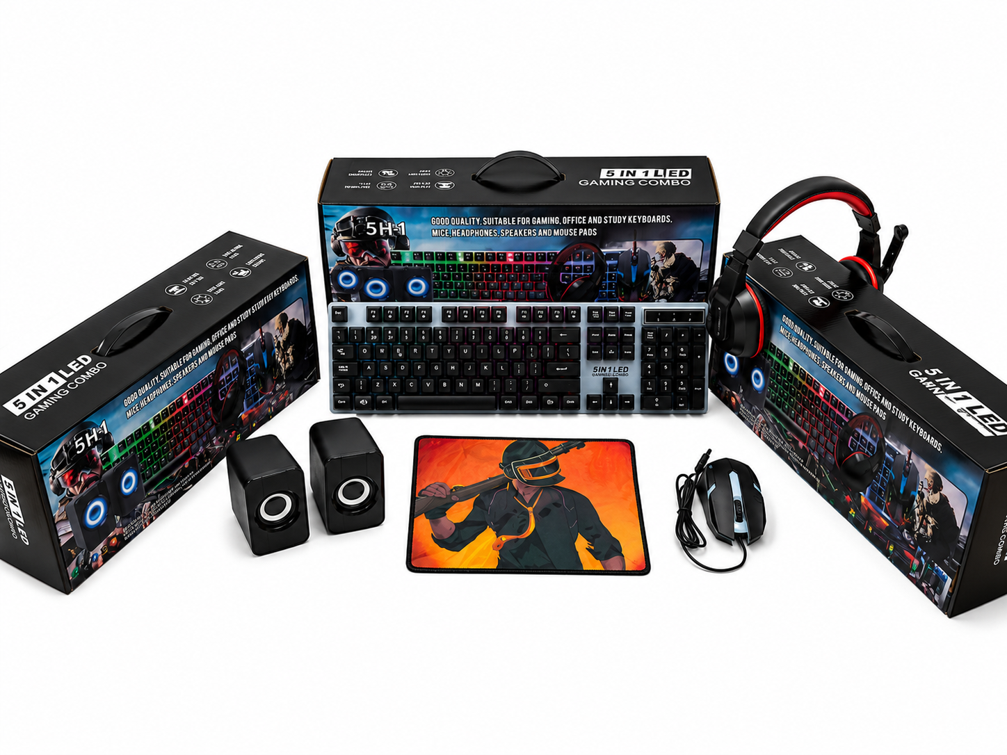 Combo Gamer 5 En 1 Teclado Mouse Audífonos Parlantes Pad
