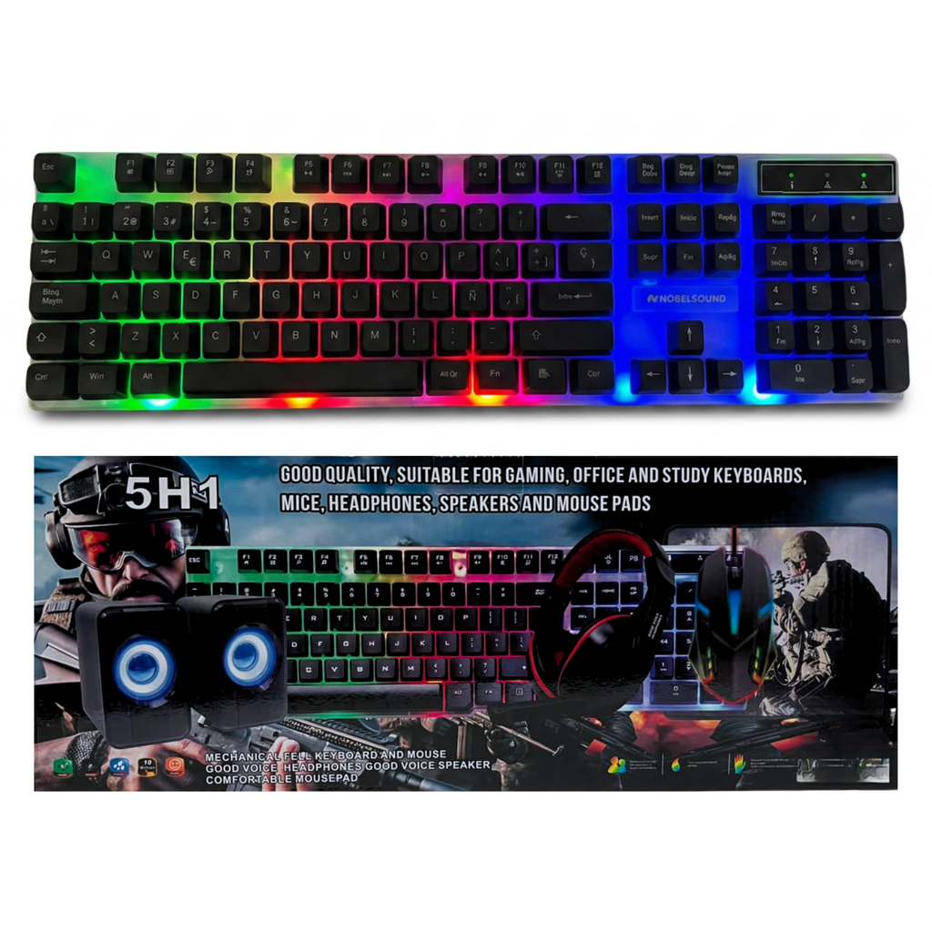 Combo Gamer 5 En 1 Teclado Mouse Audífonos Parlantes Pad