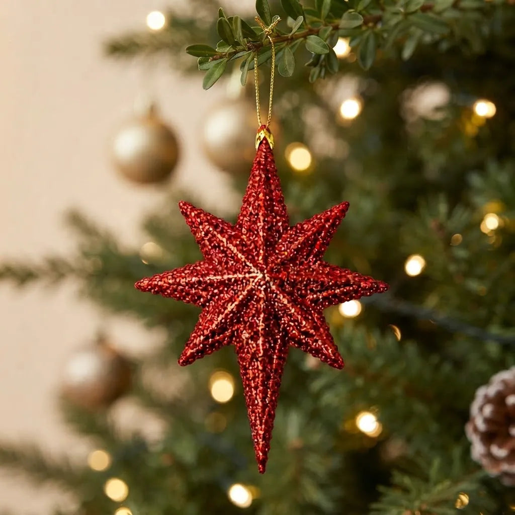 Estrella Roja De Navidad Con Brillo X6 De 12cm Colgantes