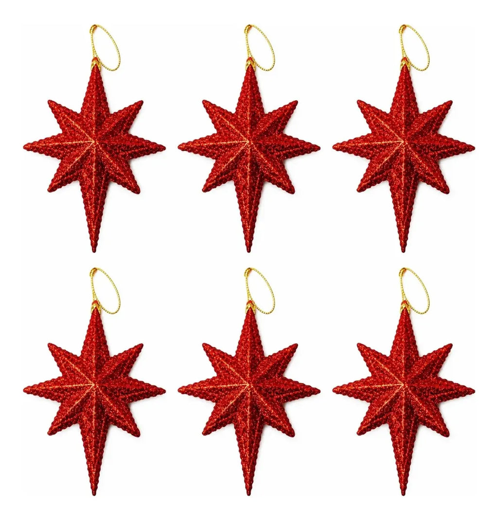 Estrella Roja De Navidad Con Brillo X6 De 12cm Colgantes