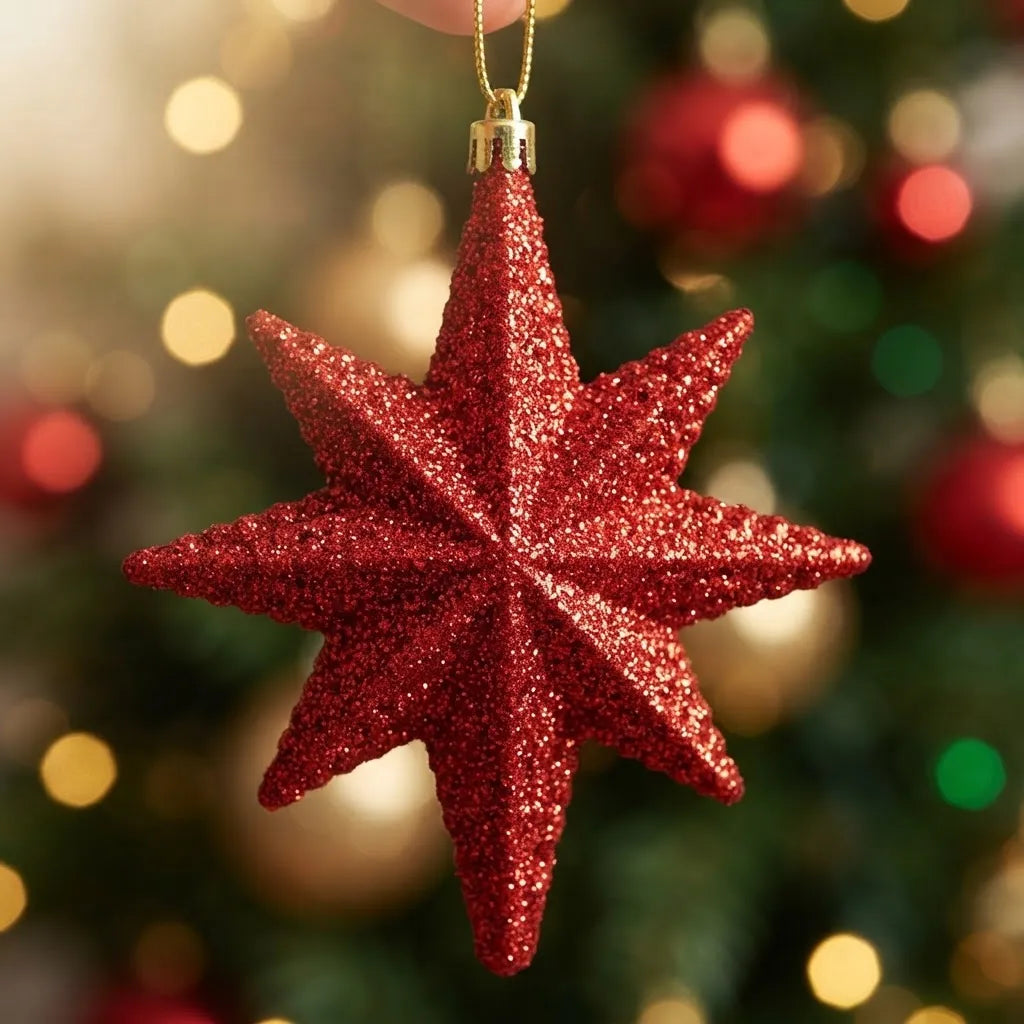 Estrella Roja De Navidad Con Brillo X6 De 12cm Colgantes